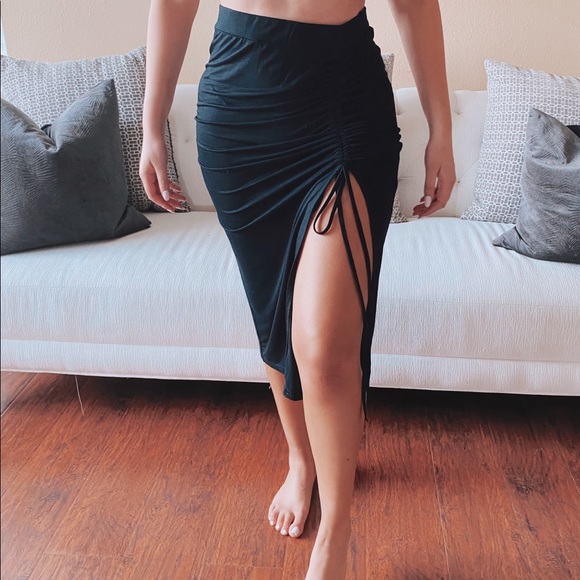 Dresses & Skirts - Asymmetrical Drawstring MIDI Skirt with Slit